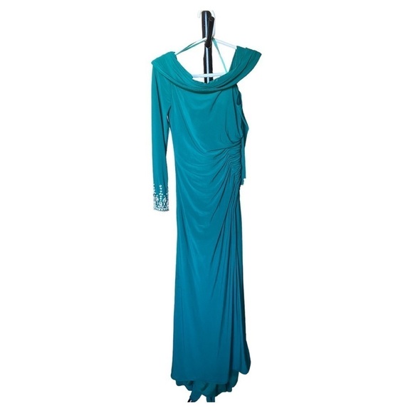 NWOT MAC DUGGAL BEADED CUFF DROP SHOULDER FAUX WRAP GOWN - Picture 2 of 8